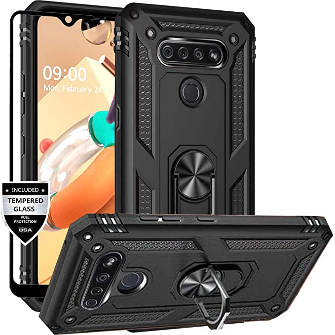 Dretal LG Stylo 6 Case with Tempered Glass Screen Protector, Military Grade Shockproof Protective Case Cover with Rotating Holder Kickstand for LG Stylo 6 (Black)