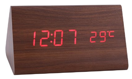 Konigswerk New Triangular Sound Control USB/AAA Battery Powered Wooden LED Alarm Digital Desk Clock Despertador with Thermometer Calendar Auto Brightness Adjustment (Brown-Red) AC016G
