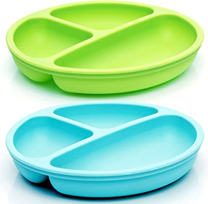 Youngever 2 Pack Divided Silicone Kids Plates, 3-Compartment Divided Silicone Kids Tray, 3 Compartment Plates (Blue and Green)