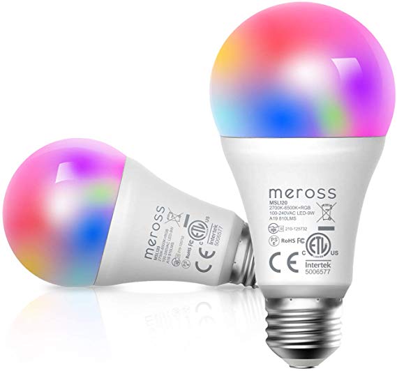 meross Smart Wi-Fi LED Bulb, Multiple Colors, RGB, 810 Lumens 60W Equivalent, Compatible with Alexa, Google Assistant and IFTTT, E26 Light Bulb, No Hub Required - Upgrade Versions (2 Pack)