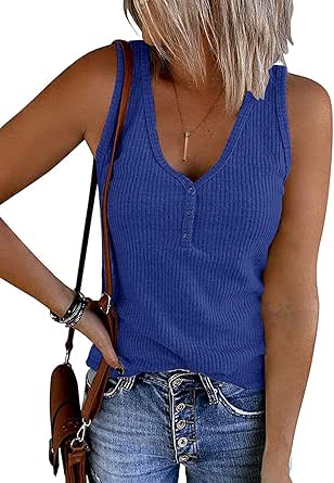 MEROKEETY Women's V Neck Tank Tops Summer Sleeveless Ribbed Button Casual Henley Shirts