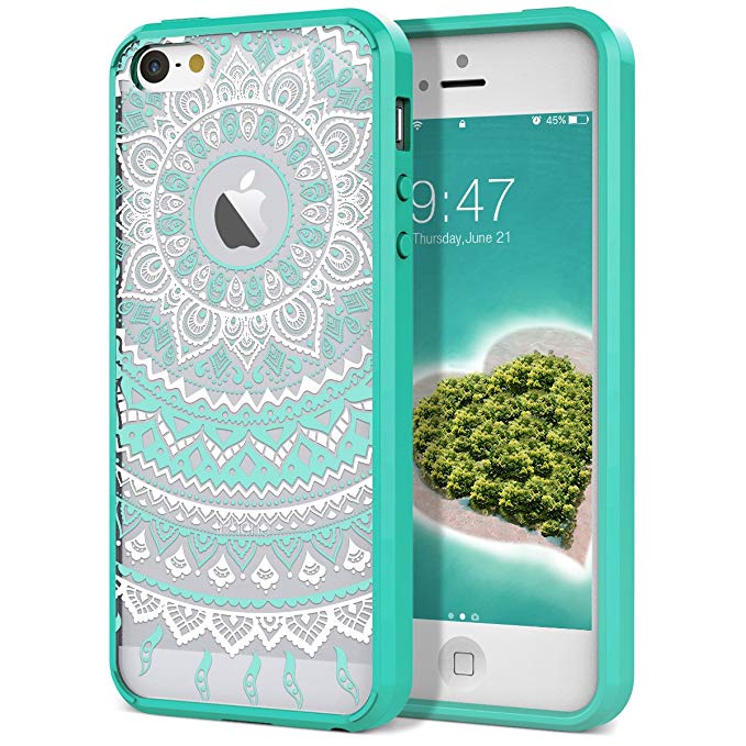 SMARTLEGEND iPhone 5/5S/SE Retro Totem Mandala Floral Pattern Hybrid Clear PC Hard Back Cover with TPU Bumper Acrylic Protective Transparent Case - Mint