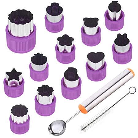 TIMGOU 12 Pcs Vegetable Fruit Cutter Shapes Set with Melon Baller Scoop and Cleaning Brush, Mini Pie Cookie Stamps Mold for Kids Crafts Baking and Food Supplement Tools for Kitchen-Purple