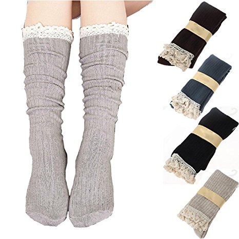 RRiody 4 Pairs Women Crochet Lace Trim Cotton Knit Footed Leg Boot Knee High Stocking