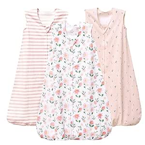 PHF Baby Sleep Sack 6-12 Months 3 Pack 100% Cotton Baby Wearable Blanket, 2-Way Zipper 0.5 TOG Toddler Sleeping Sack, Comfy Sleep Bag for Baby Girls, Pink Floral (Medium)