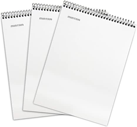 Mintra Office Top Bound Durable Spiral Notebooks - (White, College Ruled) 3 Pack - Strong Back, Left-Handed, 100 Sheets, Moisture Resistant Cover, School, Office, Business, Professional