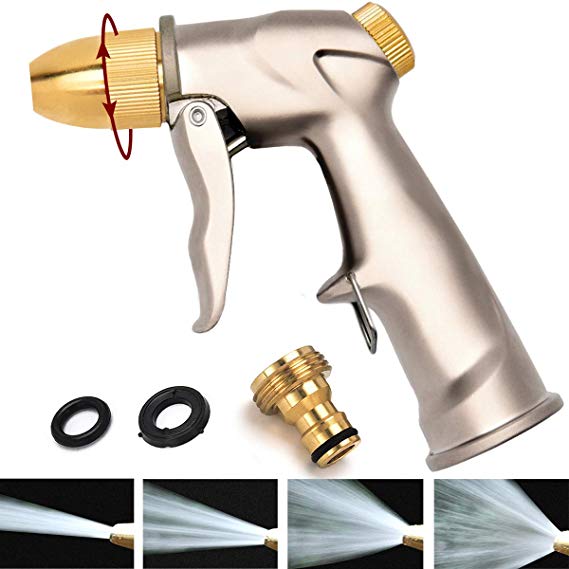 Norsmic Garden Hose Nozzle Sprayer, 100%-Metal High-Pressure Water Gun, Fits US Standard 3/4-inch Thread, Perfect from Jet to Fan-Shaped Spray, Essential for Car Wash/Plant Watering/Dog Shower