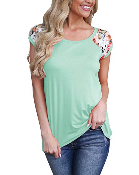 GADEWAKE Womens Casual Floral Print Color Block Long Sleeve Short Sleeve T Shirts Blouses Tops