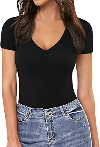 MANGOPOP Deep V Neck Short Sleeve Long Sleeve Tops Sexy Bodysuit for Women Clothing