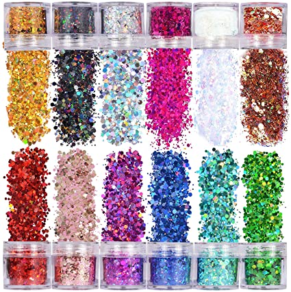 Chunky Glitter, 12 Color Face Glitter Cosmetic Glitter,Holographic Cosmetic Festival Chunky Glitter, Ultra-Thin Nail Glitter for Face Body Eye Hair Nail and DIY Art