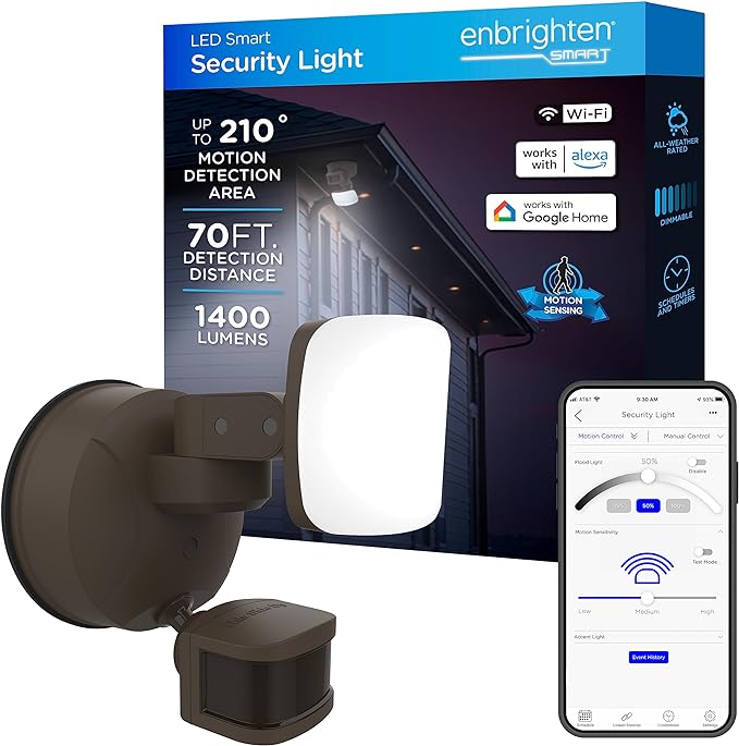 Enbrighten LED Wi-Fi Smart Security Light, App Control, Motion Activated, Single Head, Bronze, ETL Listed, UV Resistant, 1400 Lumens, 4000K, Flood Light for Patio, Yard, Garage, Driveway, 58186