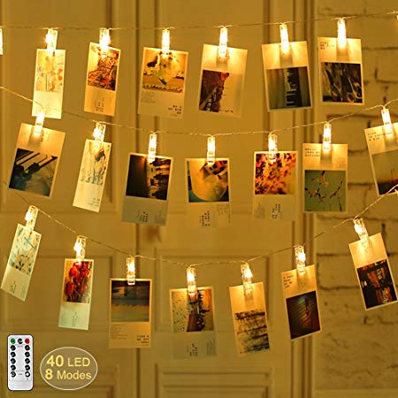 40 LEDs String Lights with 8 Modes Remote Control and Photo Clips, 17ft Wedding Party Home Wall Christmas Tree Lights for Hanging Pictures Cards and Artwork