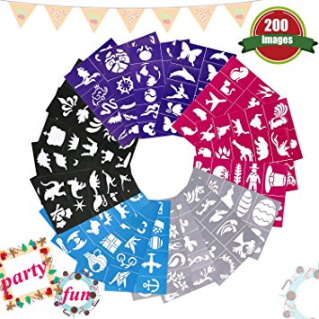 Buluri 200 Pack Face Paint Stencils, Body Paint Stencils, Face Paint Kit for Boys & Girls, Non-Toxic Reusable Adhesive Face Painting Supplies for Birthday Party, Christmas, Halloween, Carnivals