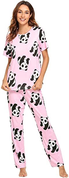 DIDK Women's Kitty Cat Print Tee and Polka Dot Pants Pajama Set