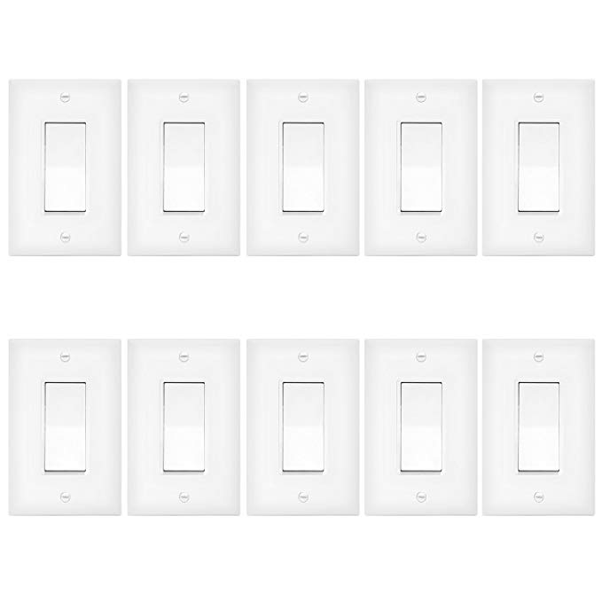 ENERLITES 3-Way Decorator Paddle Rocker Light Switch with Wall Plate, Single Pole or Three Way, 3 Wire, Grounding Screw, Residential Grade, 15A 120V/277V, UL Listed, 93150-WWP-10PCS, White (10 Pack)