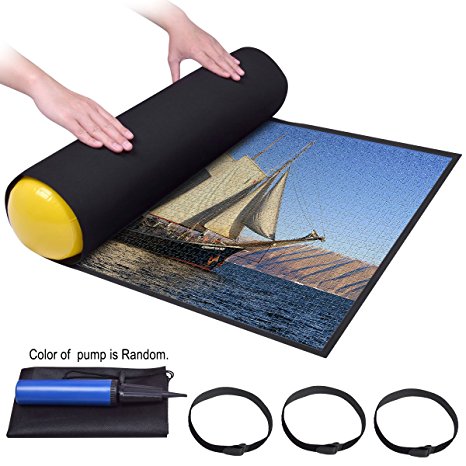 Puzzle Mat Roll up (1500pieces)Jigsaw Puzzle Pad Puzzle Storage Mat Puzzles Saver Felt Mat, SBR Waterproof Materials and Easier Roll Up,Come with Free Hand Pump&Non Woven Bag-Black
