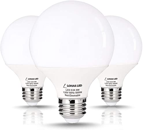 LOHAS G25 Globe Light Bulb (UL Listed), 60W Equivalent Daylight 5000K LED Vanity Light Bulbs, 810LM, 9W, E26/E27 Base, Decorative Makeup Mirror Light for Home, Bedroom, Bathroom, Not Dimmable, 3 Pack