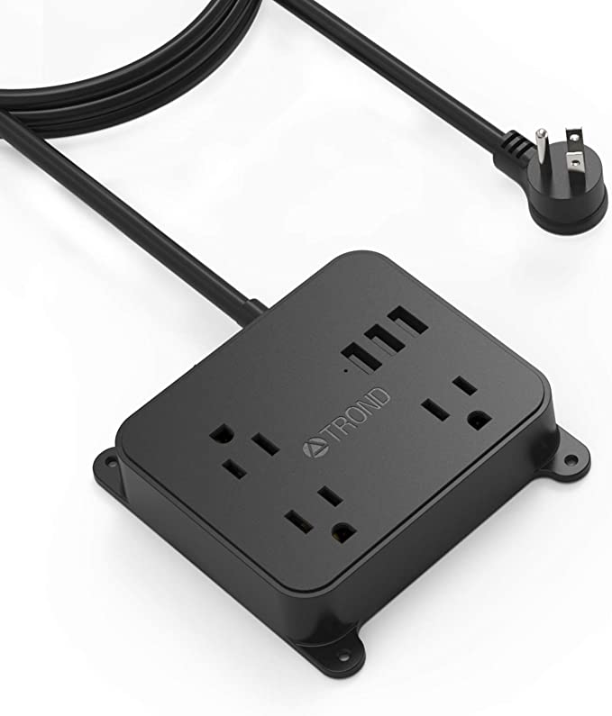 TROND Flat Plug Power Bar with 3 USB Ports, 10 Feet Long Extension Cord Indoor, Wall Mount USB Power Strip with 3 Widely Spaced Outlets, Small Desk Charging Station for Home, Office, Dorm Essentials, Black