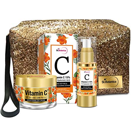 StBotanica Vitamin C Combo | Brightening Day Cream (50g) + 15% Age Defying Skin Clearing Serum (30ml) With Pouch