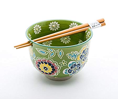 Quality Japanese Ramen Udon Noodle Bowl with Chopsticks Gift Set 5 Inch Diameter (Green Flower)