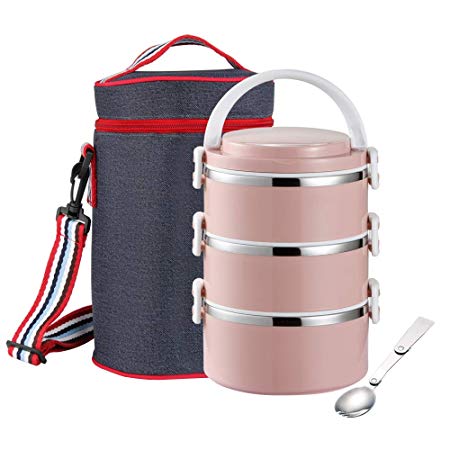 YBOBK HOME Leak Proof Lunch Box Insulated Stainless Steel Bento Lunch Box with Bag and Foldable Spoon Thermal All-in-1 Lock and Lock Stackable Lunch Box with Lid for Adults and Students (3-Tier, Pink)