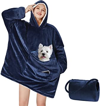 Yescool Wearable Blanket Hoodie, Oversized Sherpa Hooded Blanket Sweatshirt, Giant Warm Fuzzy Fleece Lounging Blanket with Hood Sleeves Pocket, Soft Comfort Packable for Women Men Adults (Blue)