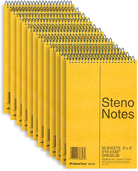 National Steno Notebook with Brown Board Cover, Green Paper, Gregg Ruled, 6" x 9", 12 Notebooks with 60 Sheets Each (36646-12)