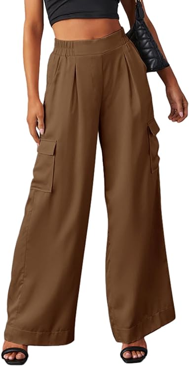 Dokotoo Casual Cargo Pants 4 Pockets Wide Leg High Waisted Straight Leg Pants Baggy Comfy Satin Trousers