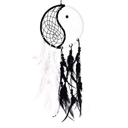 buytra Handmade Yin Yang Dream Catcher Circular Net with Feathers Beads for Wall Car Hanging Decoration Ornament Craft Gift, Black and White