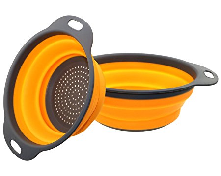 TedGem Collapsible Colanders Set, Silicone BPA Free Compact Kitchen Food Folding Strainer Steamer, Set of 2, Orange