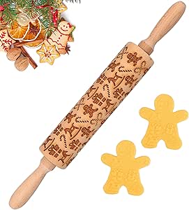 Christmas Gingerbread Embossed Rolling Pin - Perfect Christmas Baking Supplies for Cookie Decorating,Wooden Rolling Pin for Cookies & Pastries,Christmas Theme Cookie Mold