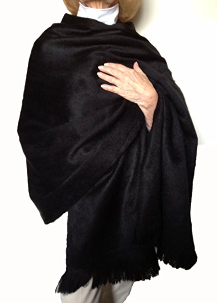 Super Soft Baby Alpaca Wool Reversible Shawl Wrap Cape Solid Rich Black Color