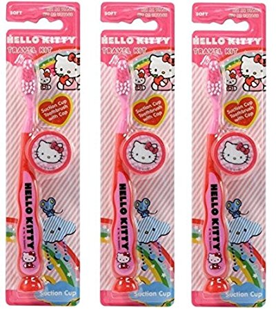 Hello Kitty Children's Tooth Brush (Pack of 3) With Cap and Suction - Toothbrush Designs Vary - Premium Quality