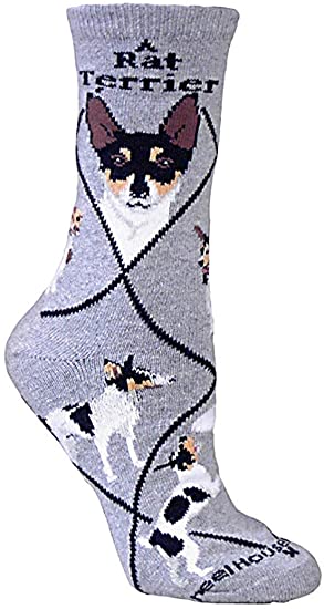Rat Terrier on Gray Ultra Lightweight Cotton Crew Socks - Made in USA