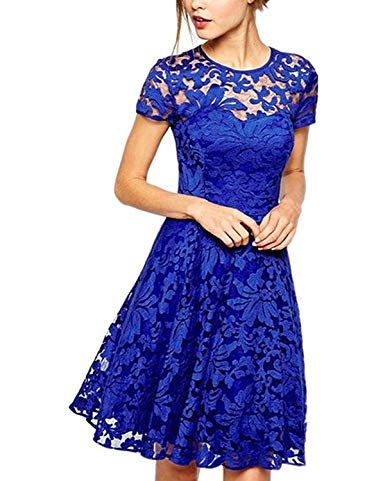 Measoul Womens Round Neck Short Sleeve Pleated Lace Mini Party Evening Cocktail Dress