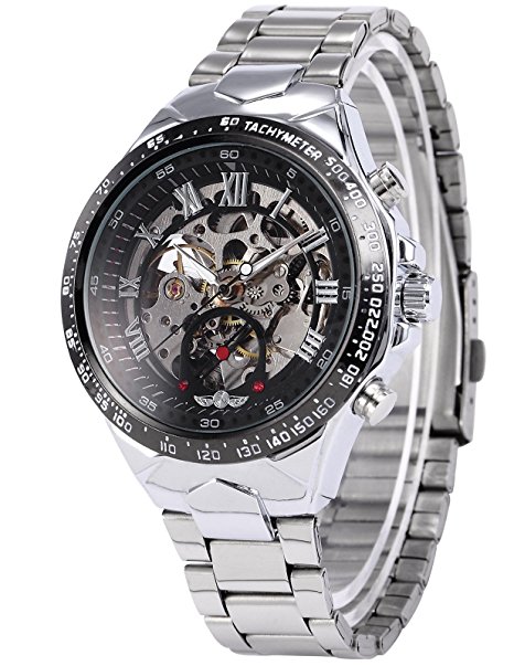 AMPM24 Silver Steel Skeleton Dial Automatic Mechanical Men's Black Round Watch PMW107