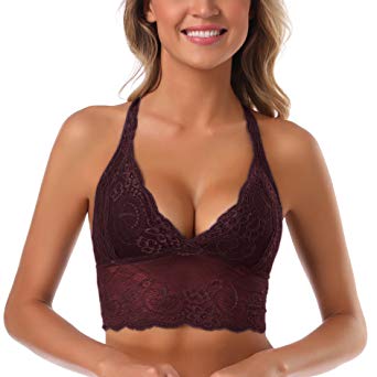 SHEKINI Women's Lace Bra Wire Free Padded Cross-Back Longline Pullover Racerback Bralette Top