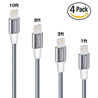 CRONA Lightning Cable 4 Pack (10ft 6ft 3ft 1ft )Nylon Braided iPhone Charging Charger Cable for iPhone X/8/8 Plus/7/7 Plus/6s/6s Plus/6/6 Plus/5/5S/5C/SE/iPad and iPod (Gray )