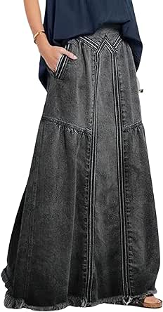 CHARTOU Women's Retro Elastic High Waist Frayed A-Line Maxi Denim Skirt with Pockets