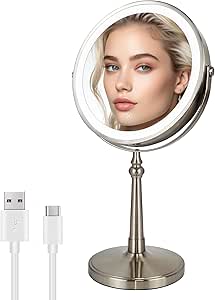 9" Vanity Mirror with Lights, Rechargeable Lighted Makeup Mirror,1x&10x Lighted Makeup Mirror with Magnification, Brightness Adjustable Light up Mirror, 360° Rotation, Gift for Women (Nickel)