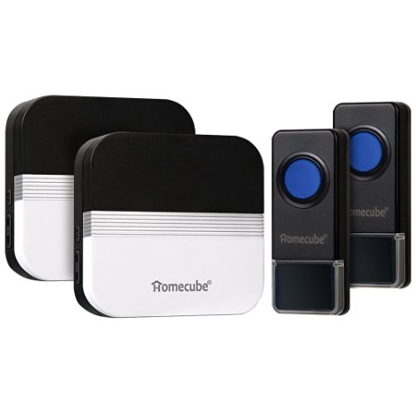 Homecube Portable Doorbells Wireless 58 Chime / Over 1640 Ft Range / 2 Push Button Wireless Doorbell with 2 Plug-in Receivers 4 Volume Levels with LED Indicator (2 Push Button with 2 Receivers)