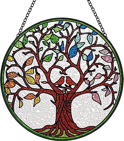 Stained Glass Window Hanging 6.5” Tree of Life Suncatcher for Window Handcrafted Glass Panel Window Decor