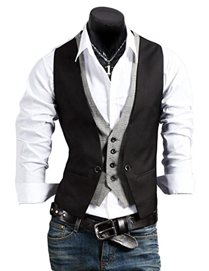 Men's Casual Fashion V-neck Double Layered Fit Vest Waistcoat Slim Jacket Tops (Asia L(US S), Black)