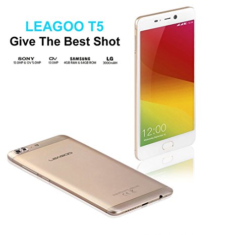Leagoo T5 - 4G LTE Smartphone, Android 7.0 5.5'' MTK6750T Octa Core 1.5GHz 4GB 64GB Dual SIM with Dual Triple cameras (13MP 5MP 13MP), WCDMA & GSM & FDD-LTE (Gold)