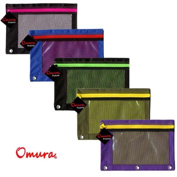 Omura Zippered PENCIL POUCH w/ Mesh Windows & Standard 3-Ring Binder NEON COLOR, Pack 5