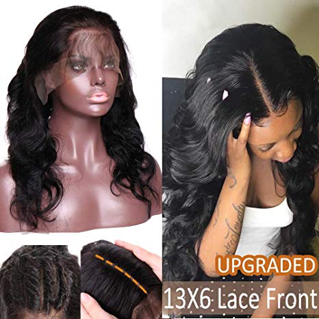 Body Wave Human Hair 13x6 Lace Front Wigs for Black Women 16" Deep Part Brazilian Virgin Hair Wig with Baby Hair Pre-plucked Long Wavy Wigs 130% Density #1B Natural Black