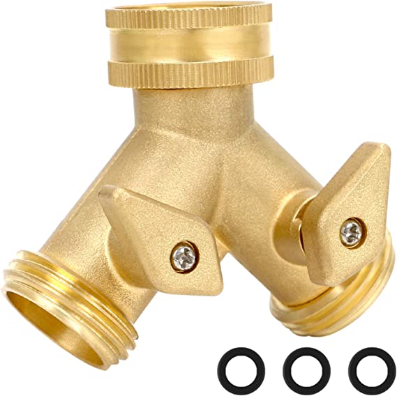 STYDDI Heavy Duty Garden Hose Splitter 2 Way, 3/4 Inch All Brass Hose Connector Y Valve, Hose Connector Dual Valve Outdoor Tap Adaptor with 3 Hose Washers