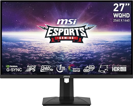 MSI G274QPX 27 Inch WQHD Gaming Monitor - 2560 x 1440 Rapid IPS Panel, 240 Hz / 1ms GtG, 98% DCI-P3 Colour Gamut, HDR 400, Type-C PD 65W, G-SYNC compatible - DP 1.4a, HDMI 2.0b CEC