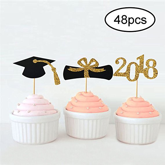 2018 Graduation Cupcake Toppers | Fun Grad Cupcake Picks | Black and Gold Cupcake Decorations, Pack of 48pcs