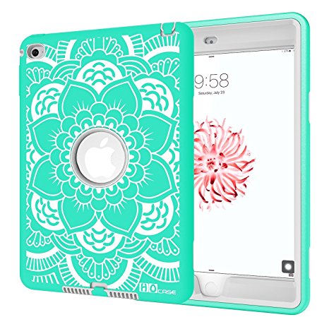 iPad mini 4 Case, Hocase Rugged Hybrid Double Layer Shockproof Protective Hard Rubber Case for Apple iPad mini 4 Retina - Aqua Flower / Grey